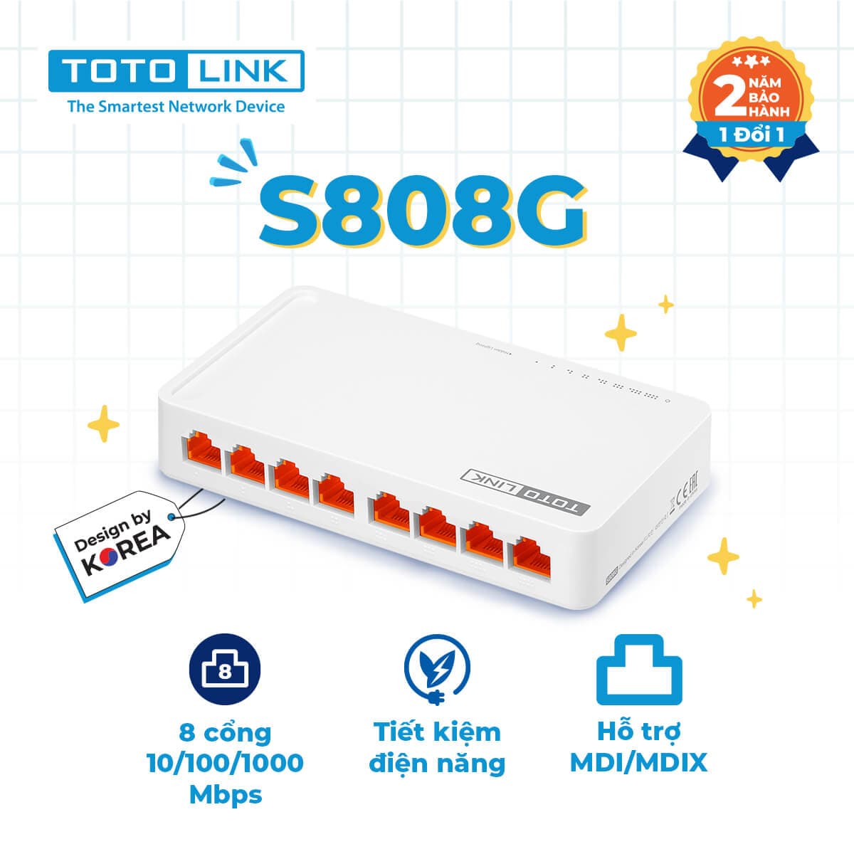 Switch Totolink S808G (Gigabit (1000Mbps)/ 8 Cổng/ Vỏ Nhựa)
