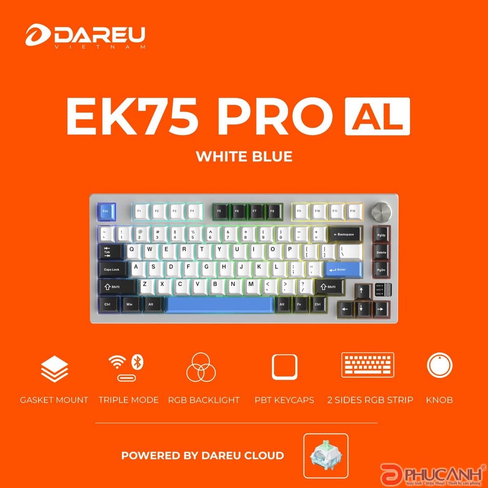 Bàn phím cơ không dây Dareu EK75 Pro AL White Blue DareU Cloud switch