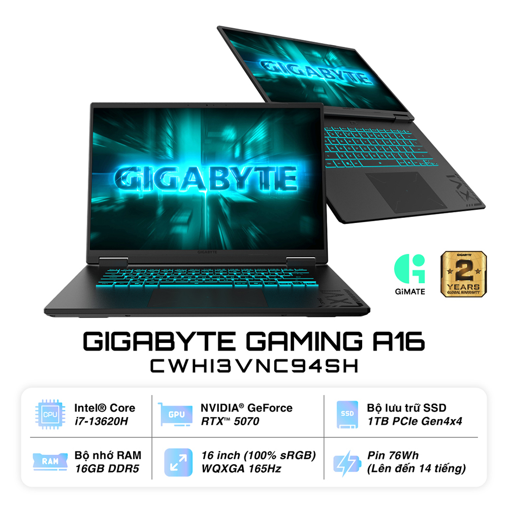 Laptop Gigabyte GAMING A16 CWHI3VNC94SH (Intel Core i7-13620H | RTX 5070 8GB GDDR7 | 16 inch WQXGA | 16GB | 1TB | Windows 11 Home SL | Đen)
